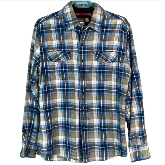 QUIKSILVER Mens Plaid Flannel Button Up Shirt Blue Tan Long Sleeve Logo Skate S - Picture 1 of 16